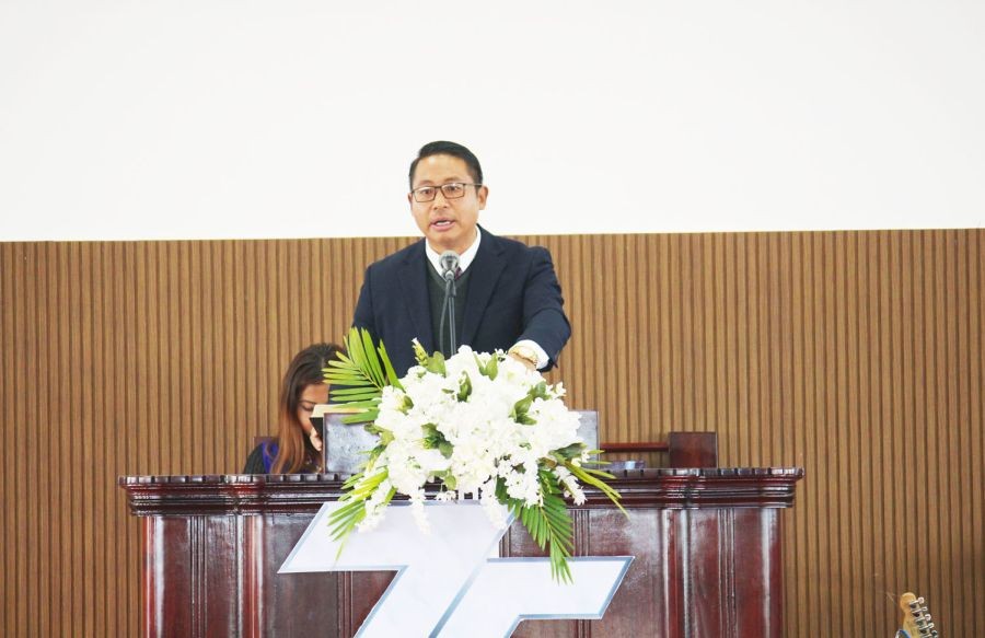 Imsutoshi Lemtur, Associate Pastor, Kohima Ao Baptist Arogo speaking at the Kangtsung Kaketshir Telungjem platinum jubilee service on December 29.